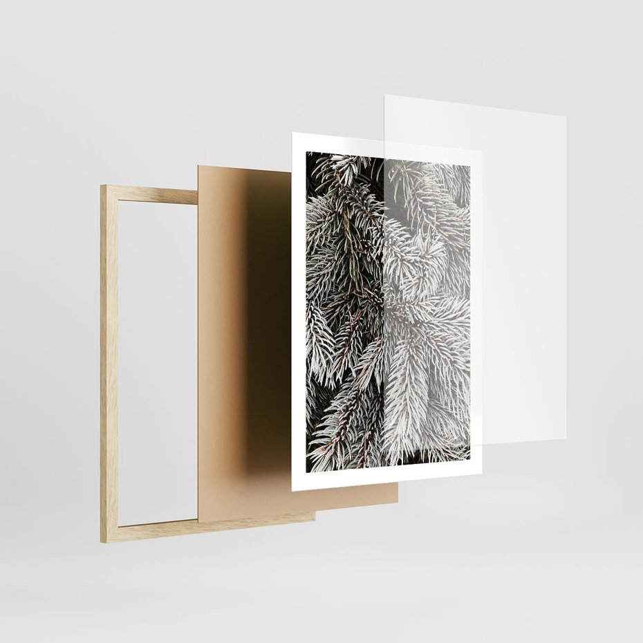 Plakat w ramie 50x70 - Cisza Zimowej Natury - zima, iglaste gałązki - rama drewno