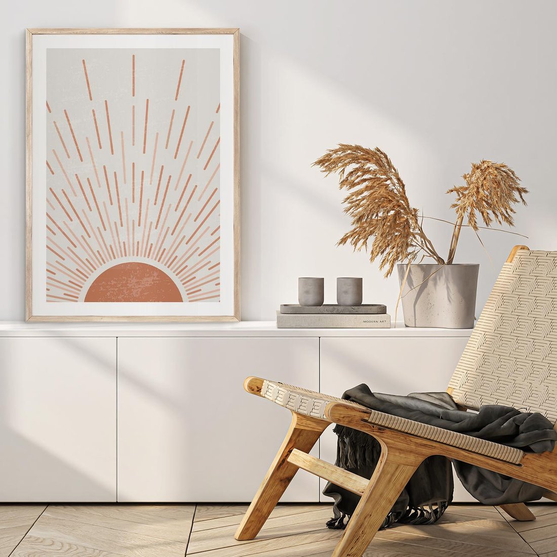 Plakat w ramie 50x70 - Słońce w Stylu Boho - słońce, grafika boho - rama drewno