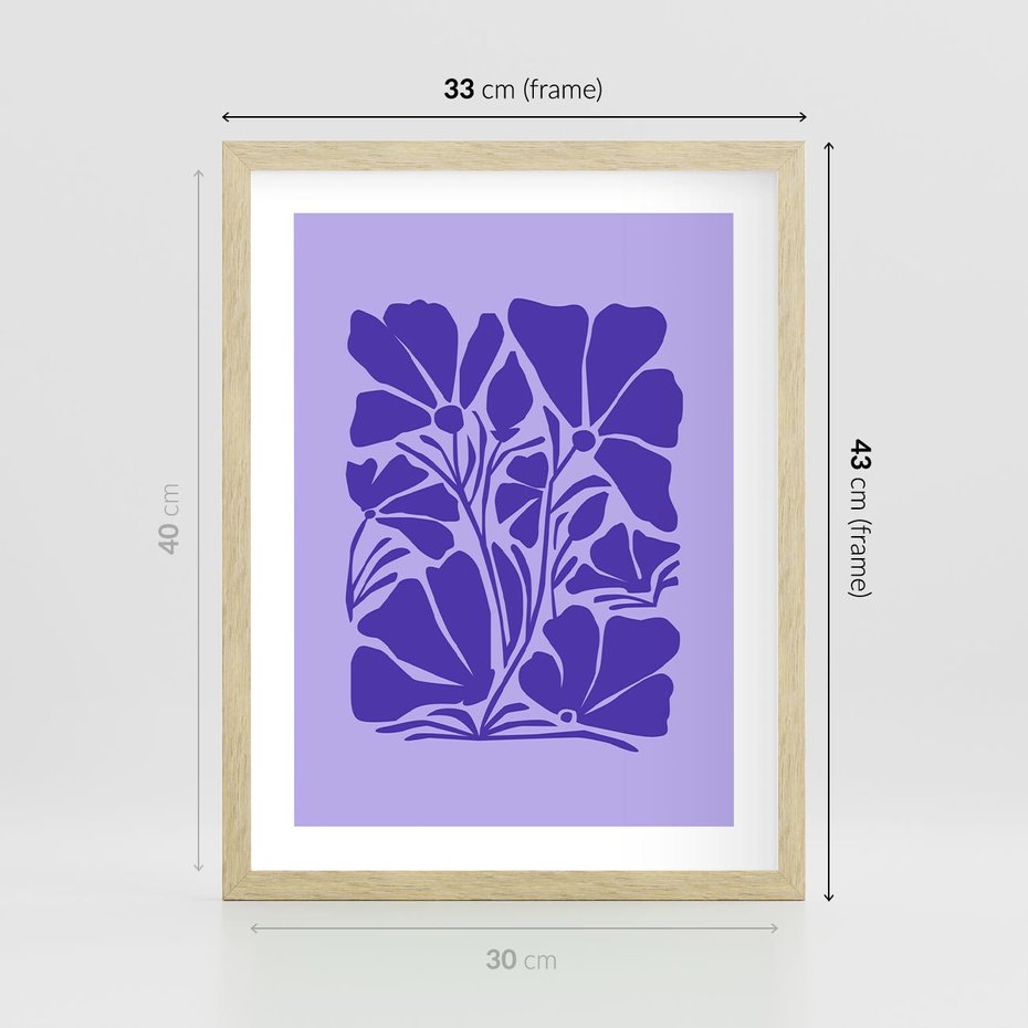 Plakat w ramie 30x40 - Migocące Boho Wibracje - kwiaty, energetyczne fioletowe tło - rama drewno
