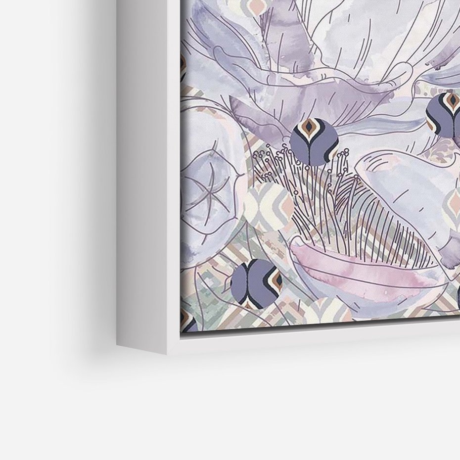 Obraz w ramie 70x100 - Malowane oddechy istnienia - pomieszane tekstury, kwiatowe elementy - rama biała