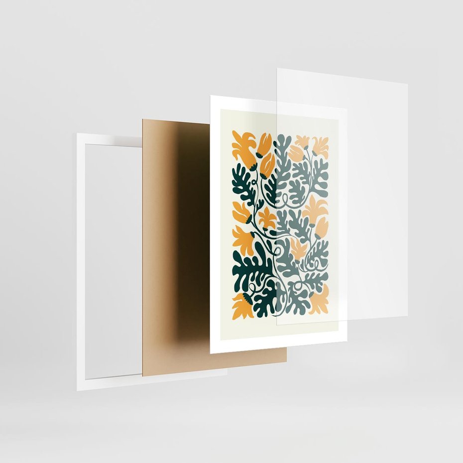 Plakat w ramie 50x70 - Impulsy Kreatywności - abstrakcyjne żółte kwiaty, kompozycja - rama biała