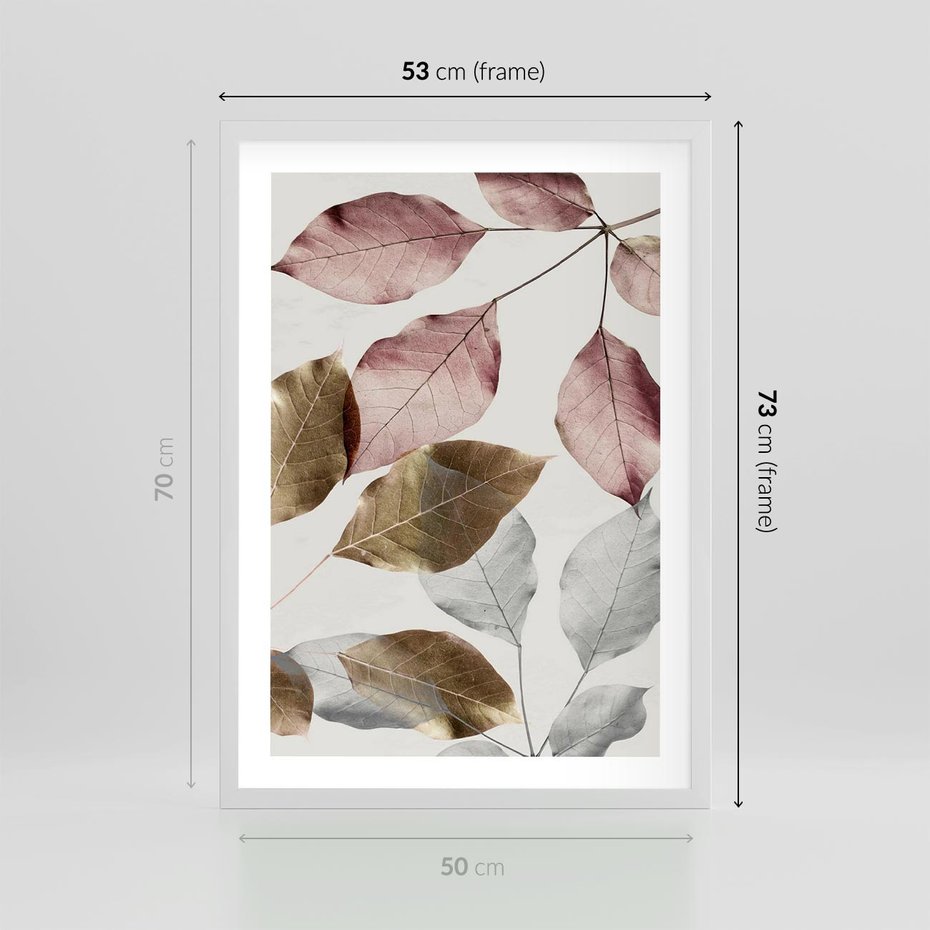 Plakat w ramie 50x70 - Pastelowe Liście z Nutką Złota - liście, pastelowe kolory - rama biała