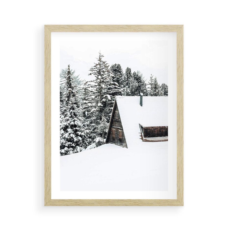 Plakat w ramie 50x70 - Zimowy Urok - śnieg, domek w górach - rama drewno