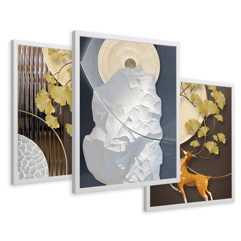 Zestaw obrazy w ramie 40x50 galeria - Japońskie, liście, abstrakcja, nowoczesny - rama biała