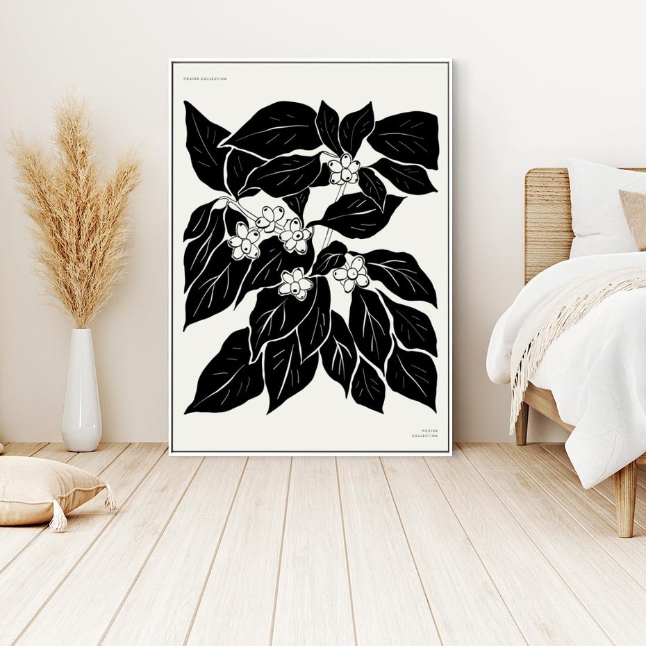 Obraz w ramie 50x70 - Ruchome szkicowe odbicia - czarno biała grafika, roślinność - rama biała