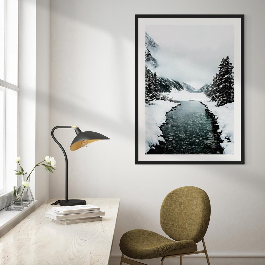 Plakat bez ramy 21x30 - Zimowa Przyroda: Rzeka, Góry i Śnieg - zima, rzeka