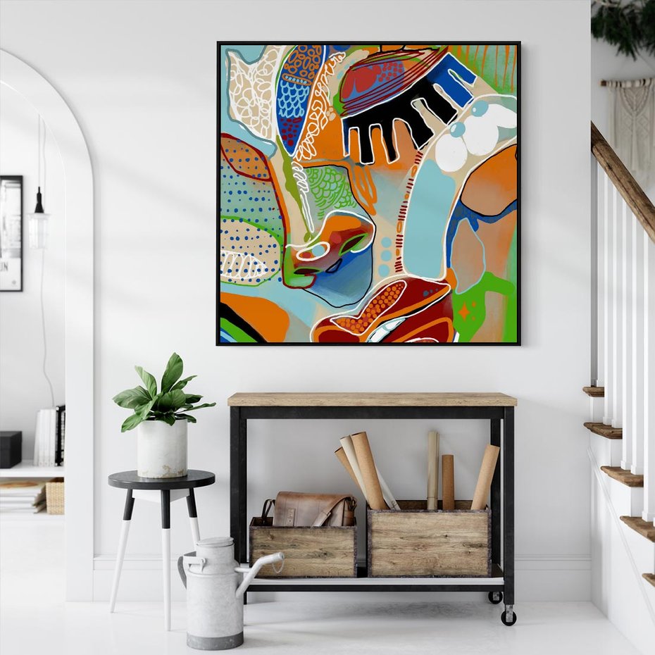 Obraz w ramie 50x50 - Wibracje Kształtów - abstrakcyjny portret kobiety, twarz - rama czarna