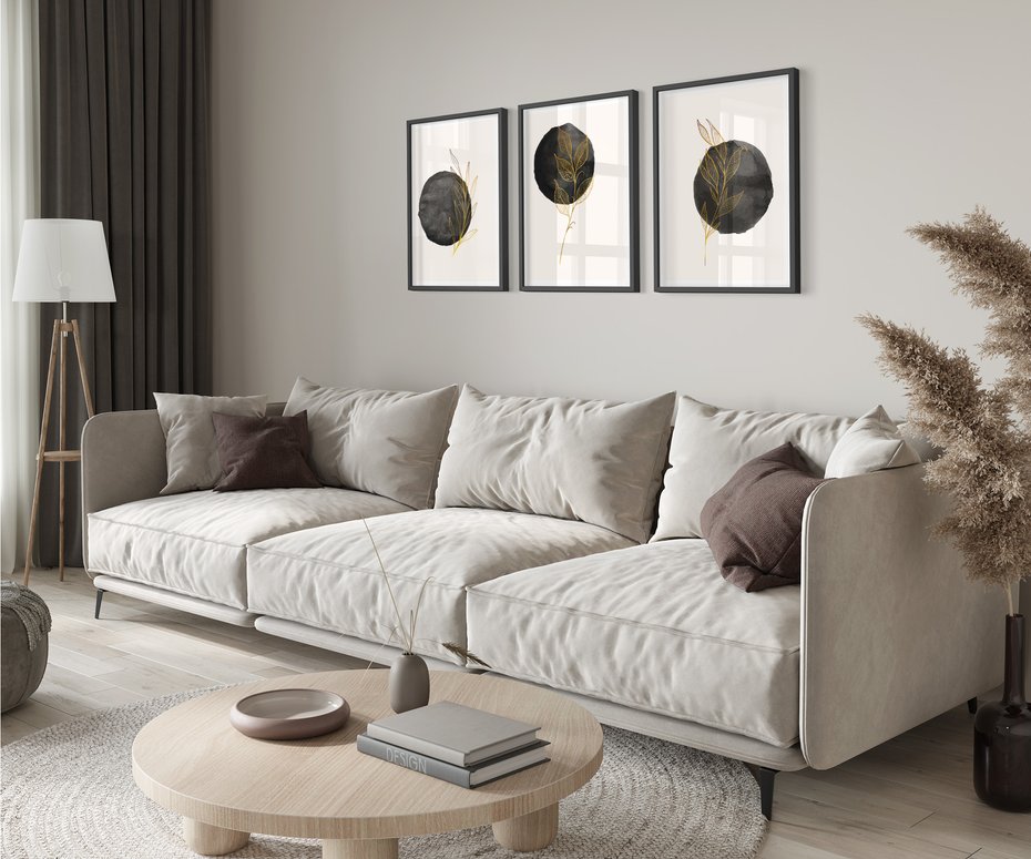 Zestaw obrazy w ramie 50x70 galeria - Złote, liście, akwarela, abstrakcja - rama czarna