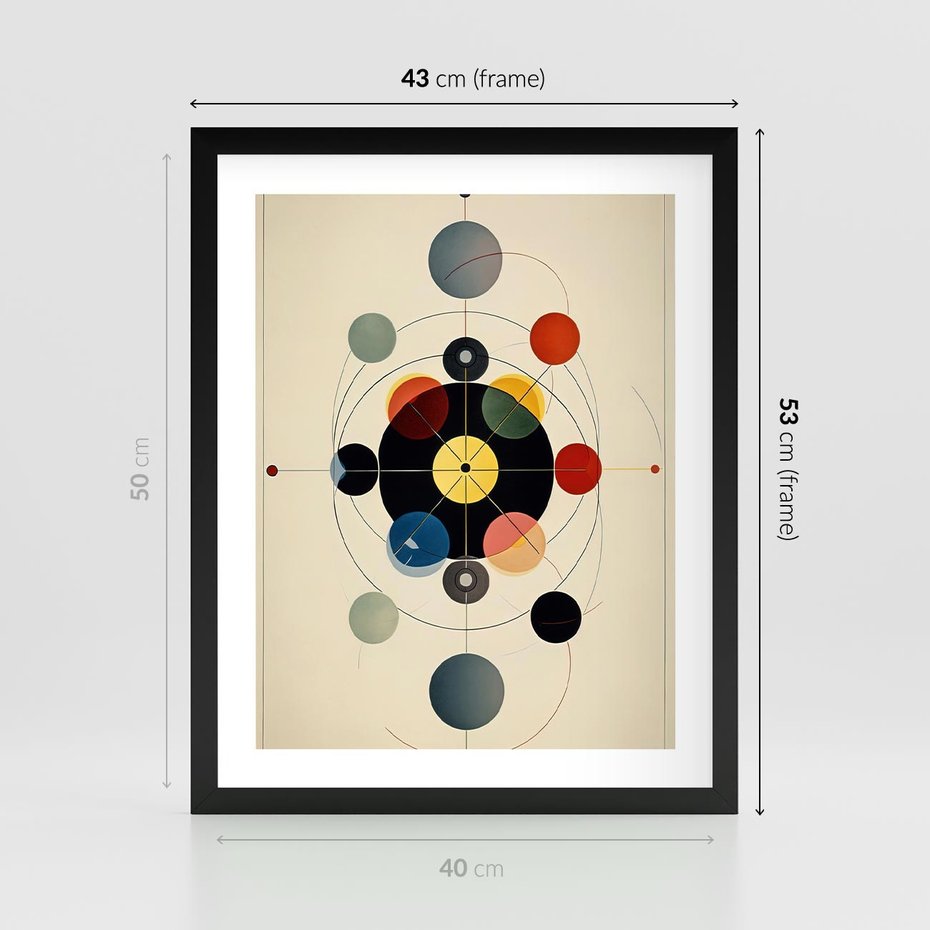 Plakat w ramie 40x50 - Bezgraniczny Taniec Światła - abstrakcyjna geometryczna kompozycja, koła linie - rama czarna
