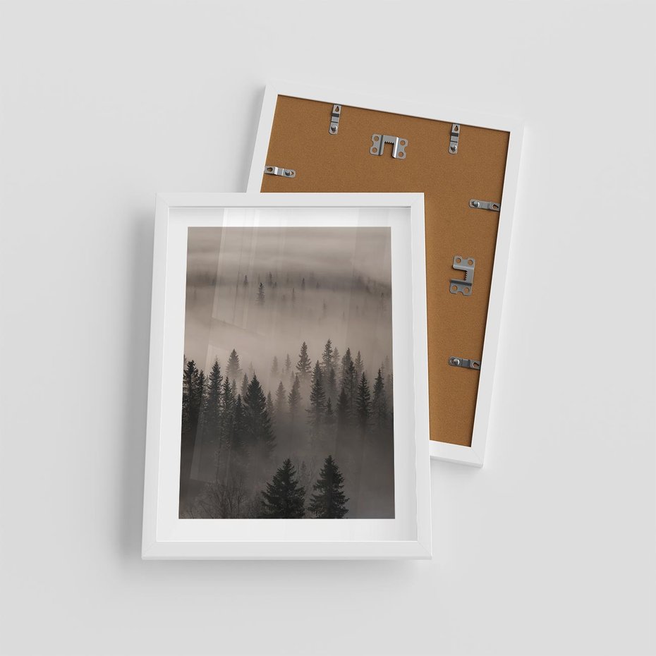 Plakat w ramie 30x40 - Mglista Opowieść Lasu - las, mgła - rama biała