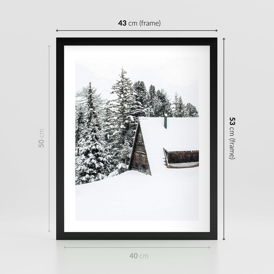 Plakat w ramie 40x50 - Zimowy Urok - śnieg, domek w górach - rama czarna
