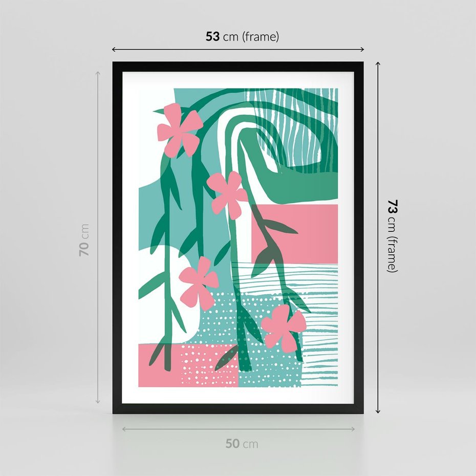 Plakat w ramie 50x70 - Rozkwitające Harmonie Form - abstrakcyjne pastelowe kwiaty, nowoczesna sztuka - rama czarna