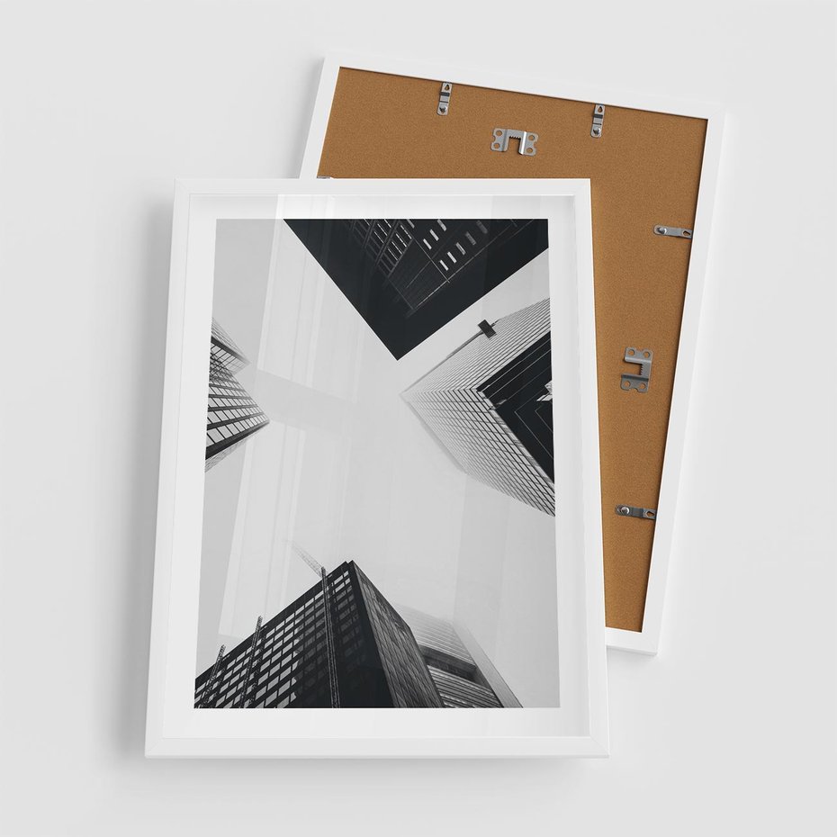 Plakat w ramie 50x70 - Nowoczesna Dynamika - perspektywa, wieżowce - rama biała