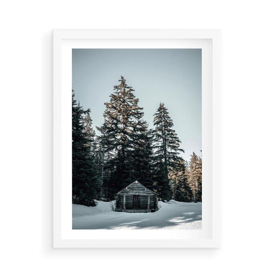 Plakat w ramie 50x70 - Chatka w Górach w Czasie Zimy - chatka w górach, zima - rama biała