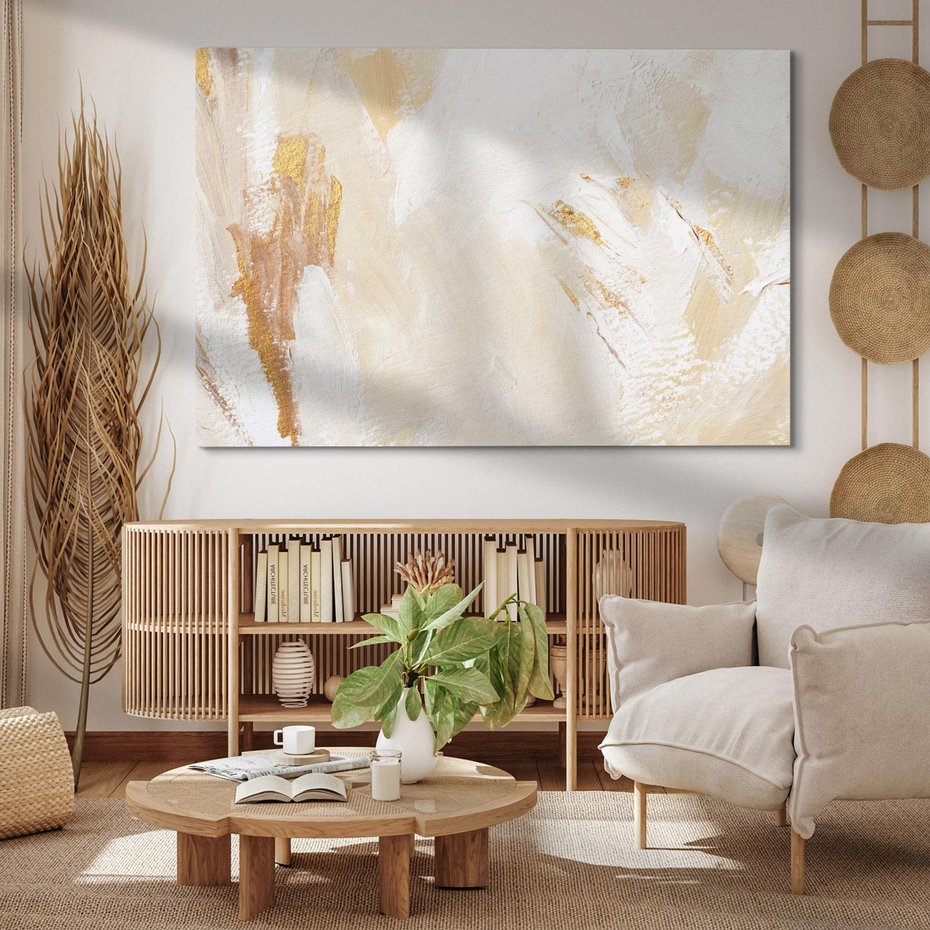 Obraz na płótnie 70x50 - Elegancja w Złocistym Chaosie - złoto beż, abstrakcja