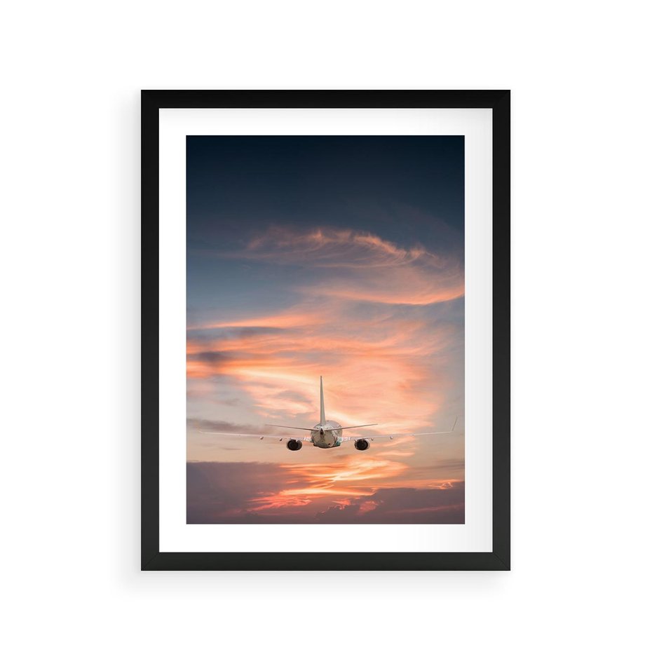 Plakat w ramie 30x40 - Podróż w Kierunku Słońca - samolot, samolot w powietrzu - rama czarna