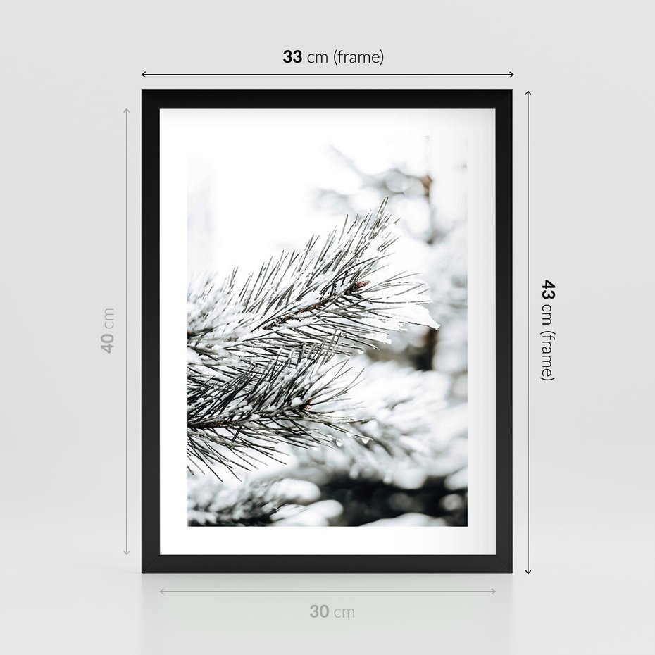 Plakat w ramie 30x40 - Chwila Zimowej Magii - iglasta gałązka, śnieg - rama czarna