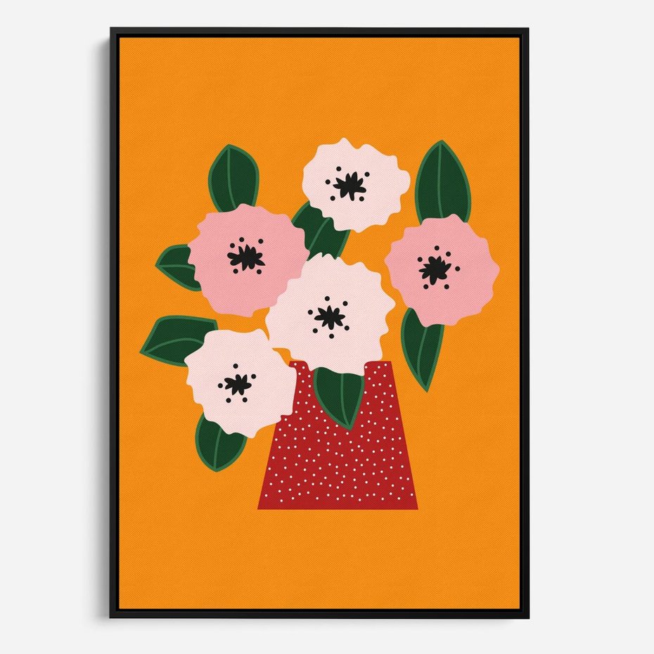 Obraz w ramie 50x70 - Harmonijne Granice - abstrakcyjne kwiaty, żółte tło - rama czarna