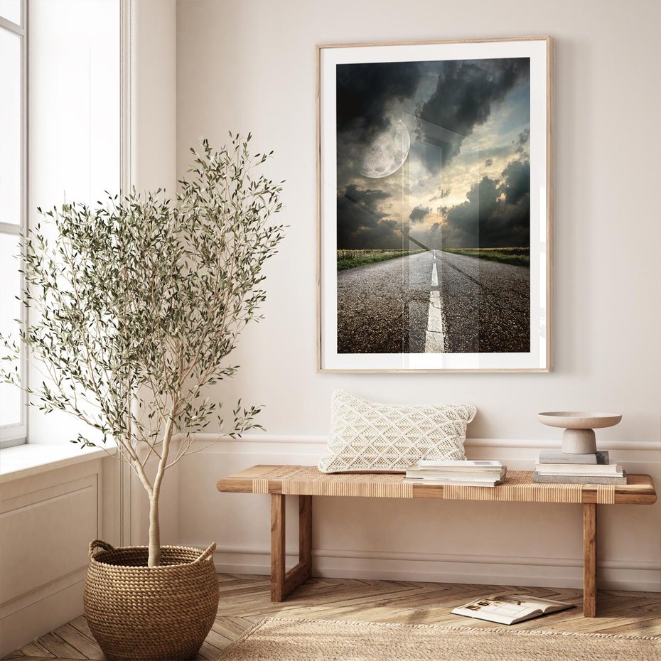 Plakat w ramie 40x50 - magia nocnej drogi - droga, księżyc - rama drewno