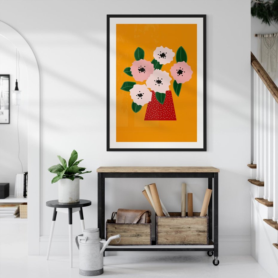 Plakat bez ramy 30x40 - Harmonijne Granice - abstrakcyjne kwiaty, żółte tło