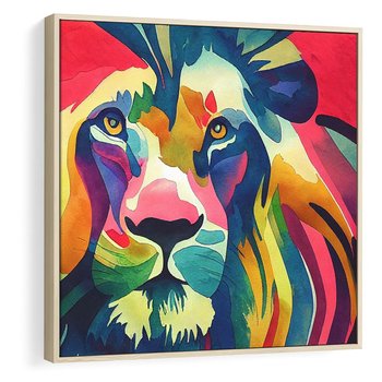 Obraz w ramie 50x50 - Tęczowy Lew - akwarela, tęczowy lew - rama drewno
