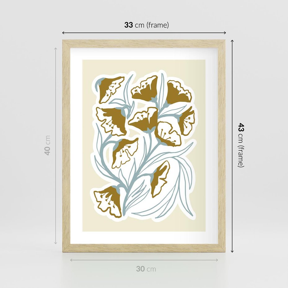 Plakat w ramie 30x40 - Wibracje Widzenia - abstrakcyjne beżowe kwiaty, elegancka kompozycja - rama drewno