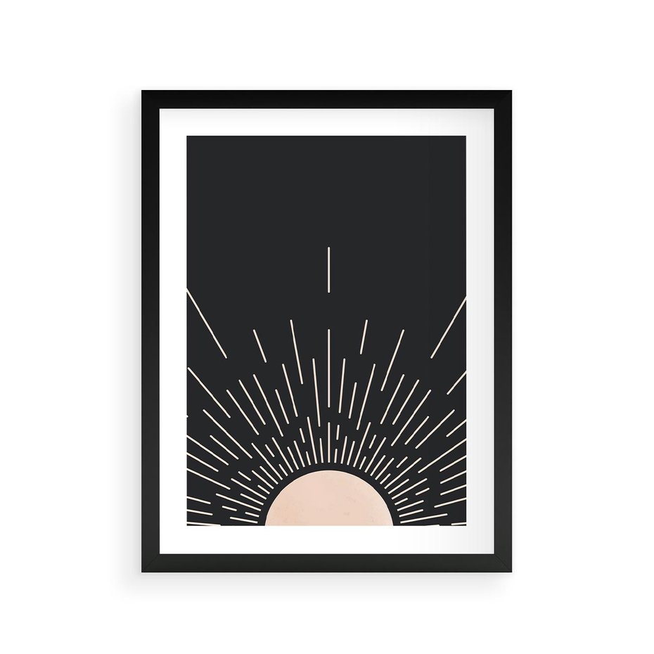 Plakat w ramie 30x40 - Słoneczny Portret Duszy - boho czarne słońce, nowoczesna grafika - rama czarna