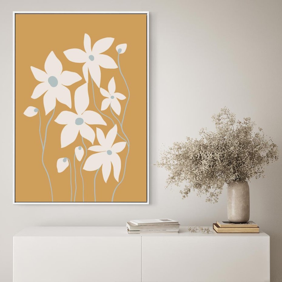 Obraz w ramie 80x120 - Kwiatowy Spektakl - minimalistyczne kwiaty, na pomarańczowym tle - rama biała