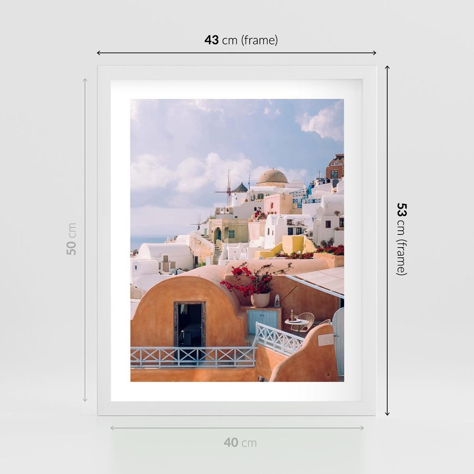 Plakat w ramie 40x50 - Błękit Morza i Białe Domki - Santorini, wyspa - rama biała