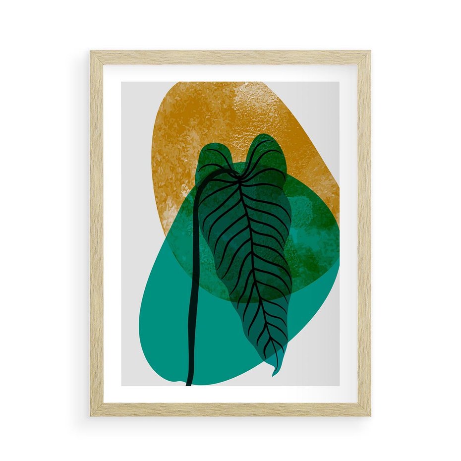 Plakat w ramie 50x70 - Zielony Liść ze Złotą Plamą - zielony liść, złota plama - rama drewno