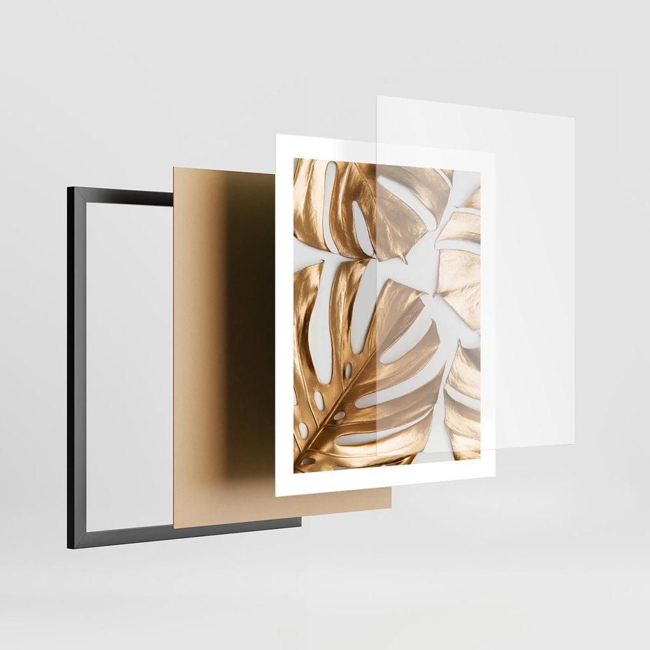 Plakat w ramie 40x50 - Złote Akcenty w Fotografii - złotel liście monstery, na białym tle - rama czarna