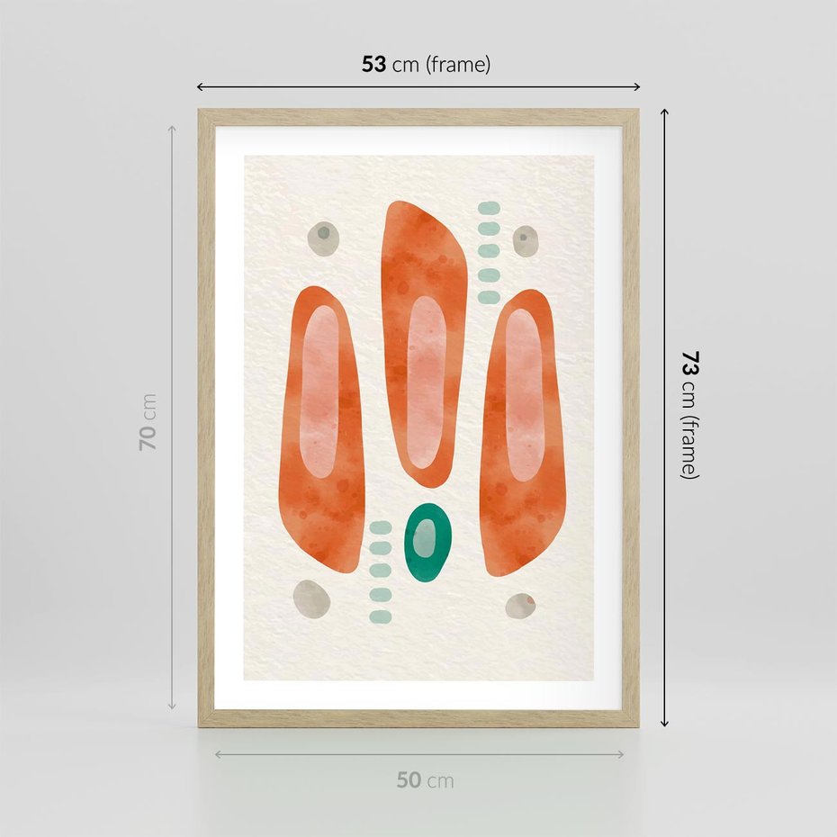 Plakat w ramie 50x70 - Księga Barw - abstrakcyjne formy, dominujący kolor pomarańczowy - rama drewno