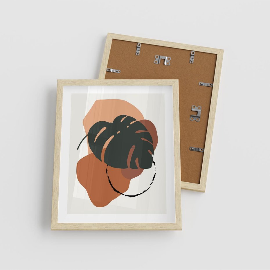 Plakat w ramie 40x50 - Brązowa Ekspresja - liść monstery, boho obraz - rama drewno