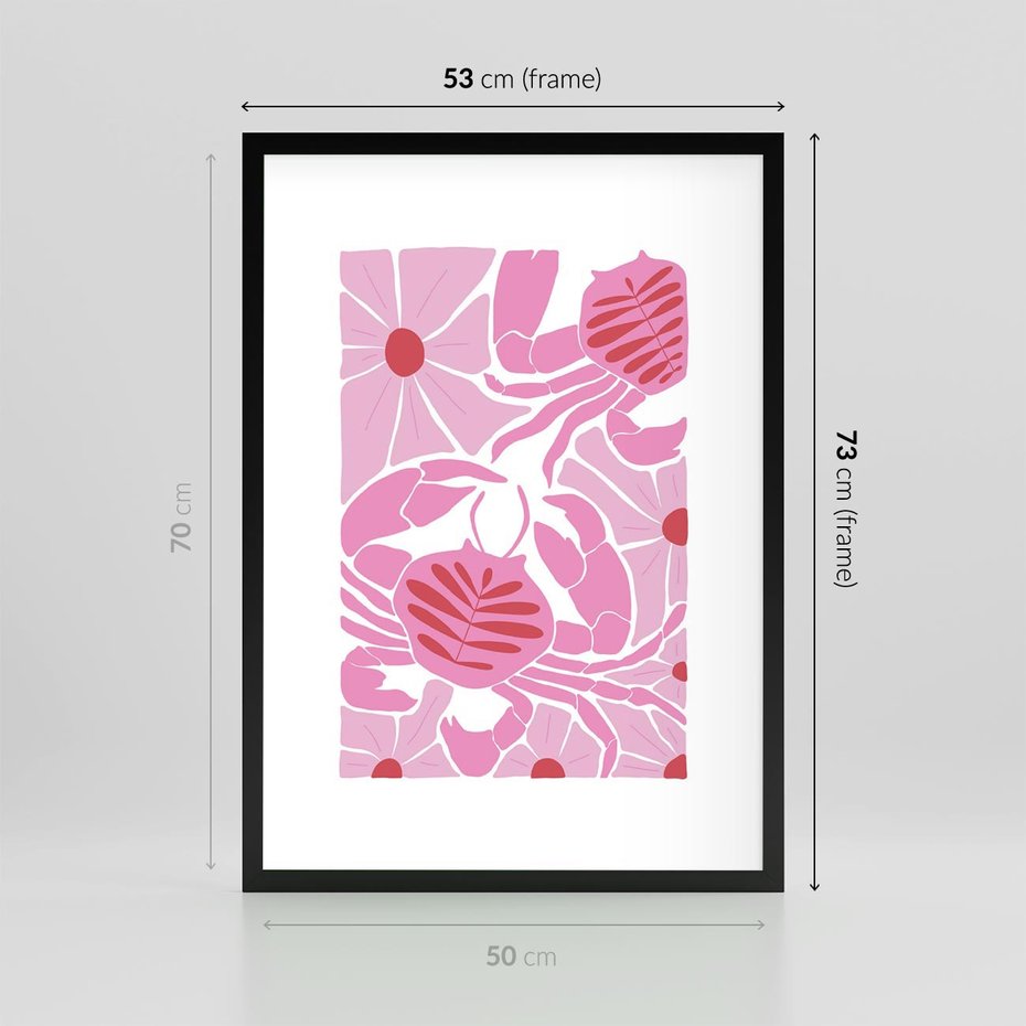 Plakat w ramie 50x70 - Roztańczone Kraby - różowe kwiaty i kraby, abstrakcyjna kompozycja - rama czarna