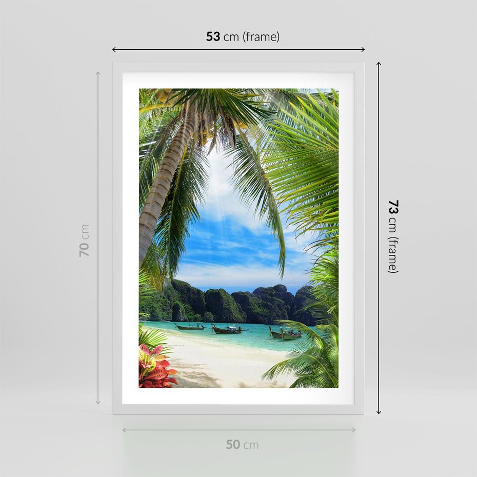 Plakat w ramie 50x70 - Palmy tańczące na tropikalnej plaży - palmy, plaża - rama biała