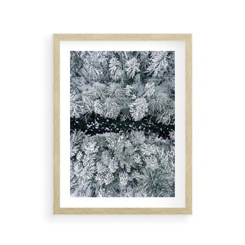 Plakat w ramie 50x70 - Zimowy Krajobraz z Góry - zdjęcie z góry, zaśnieżony las i zamarznięty strumyk - rama drewno