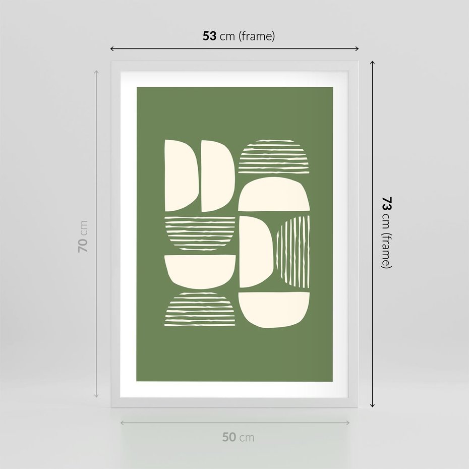 Plakat w ramie 50x70 - Migotliwe Formy - geometryczne boho kształty na brązowym, oliwkowym tle - rama biała