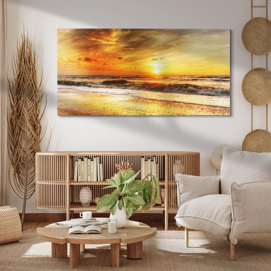 Obraz na płótnie 140x70 - Plaża Morza i Fale Zachodu Słońca - plaża, morze