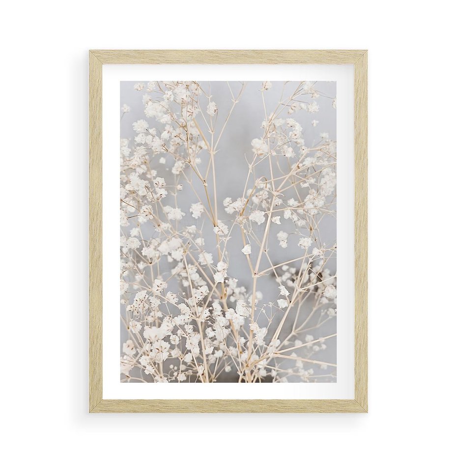 Plakat w ramie 50x70 - Białe Drobne Kwiaty - gipsówka, białe drobne kwiatki - rama drewno