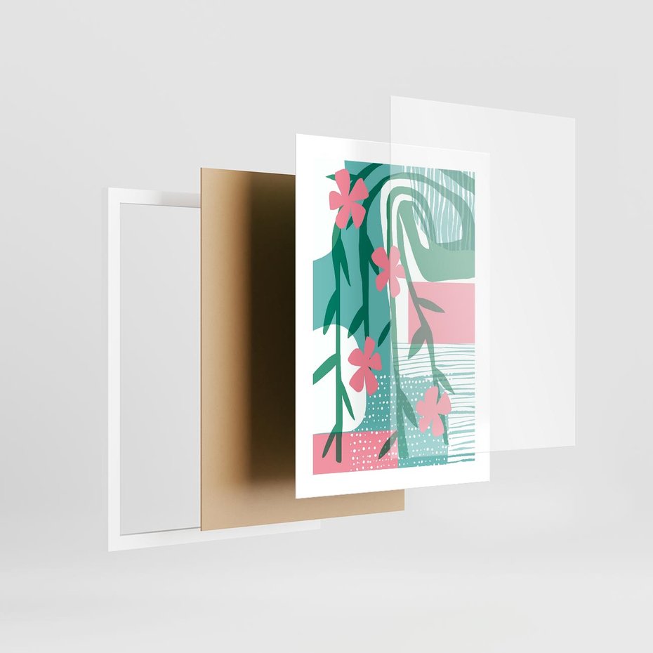 Plakat w ramie 30x40 - Rozkwitające Harmonie Form - abstrakcyjne pastelowe kwiaty, nowoczesna sztuka - rama biała