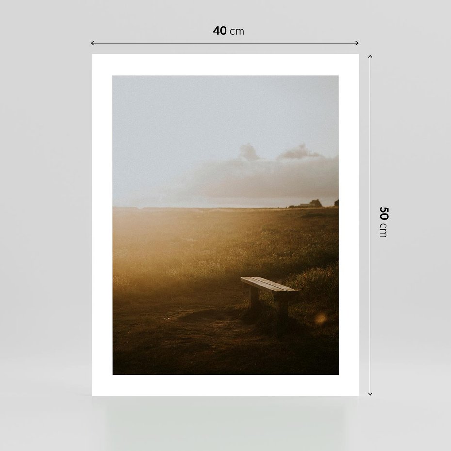 Plakat bez ramy 40x50 - Mglisty zachód słońca na ławeczce - mgła, zachód