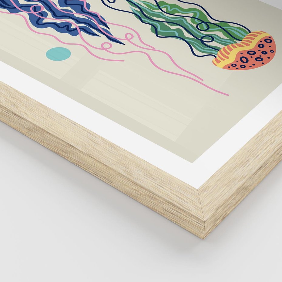 Plakat w ramie 40x50 - Morskie Pulsacje - nowoczesny optymistyczny plakat, kolorowe meduzy - rama drewno