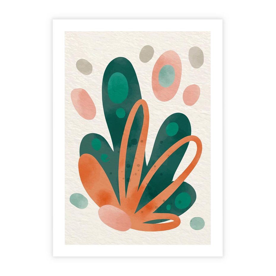 Plakat bez ramy 30x40 - Harmonia bez Harmonii - akwarelowe abstrakcyjne kształty, zieleń i pomarańcz