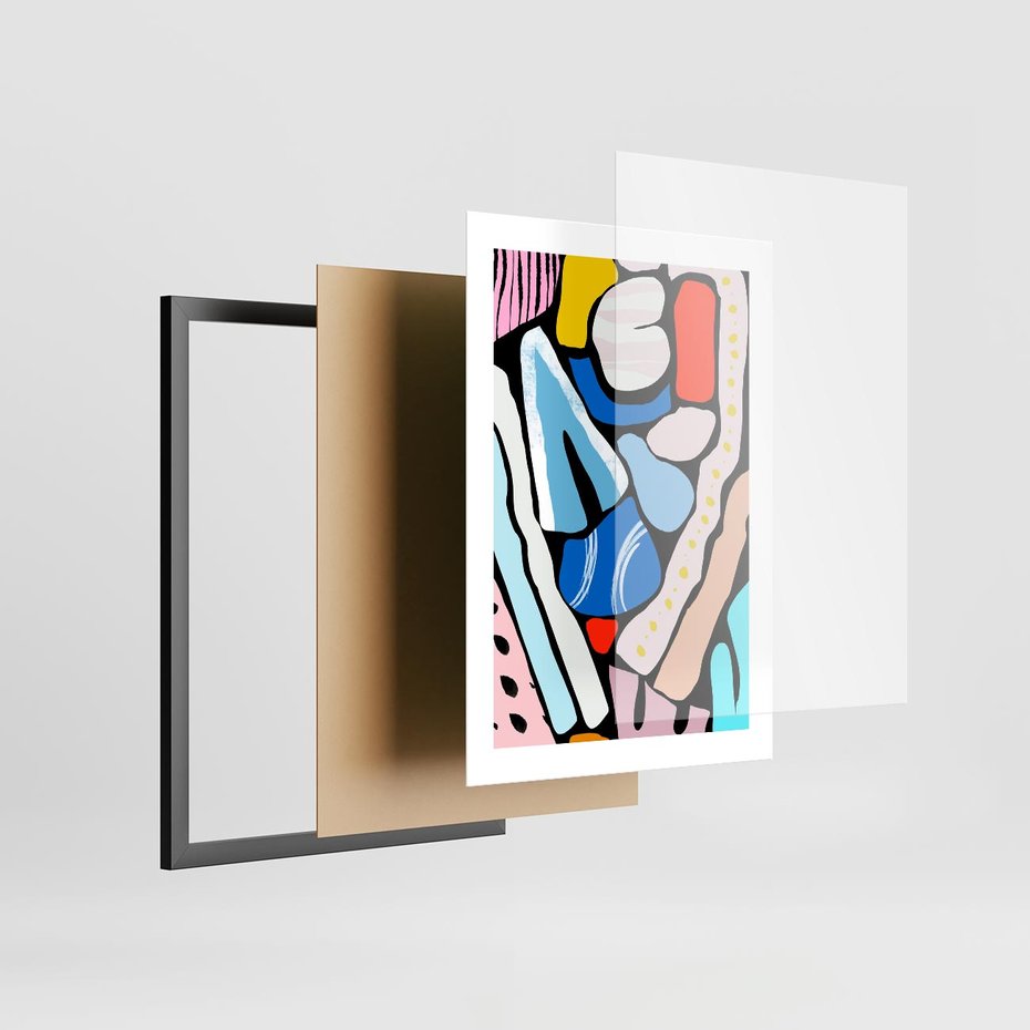 Plakat w ramie 30x40 - Kolory Na Czerni - abstrakcyjne formy, komiksowy styl - rama czarna