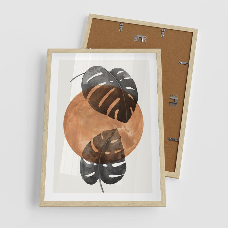 Plakat w ramie 50x70 - Elegancja w Detalach: Miedziane Koło z Monsterą - grafika, miedziane koło - rama drewno