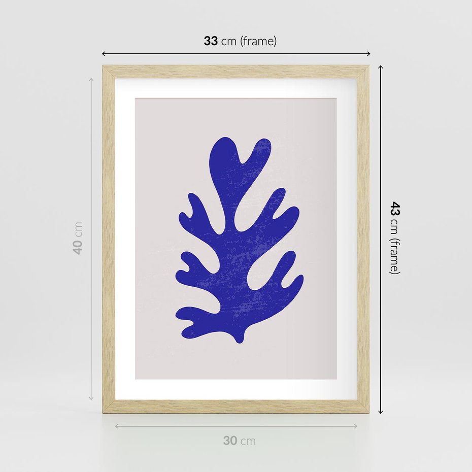 Plakat w ramie 30x40 - Przenikająca Struktura - boho plakat, niebieski liść w intensywnym kolorze - rama drewno