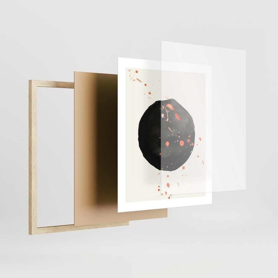 Plakat w ramie 40x50 - Wnętrza Marzeń - abstrakcyjna czarna plama, rozsiane pomarańczowe kropki - rama drewno