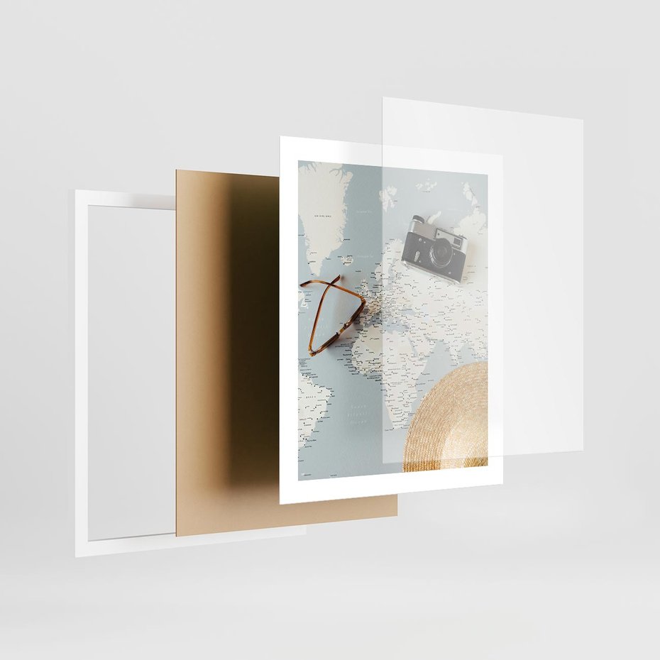 Plakat w ramie 40x50 - Świat w Kadrze - mapa, aparat - rama biała