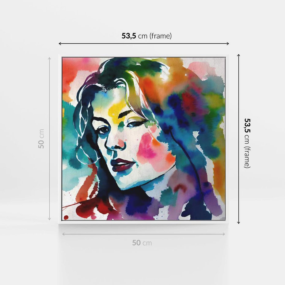 Obraz w ramie 50x50 - Abstrakcyjna ekstaza barw - abstrakcyjny portret kobiety, szkic czarną kreską - rama biała