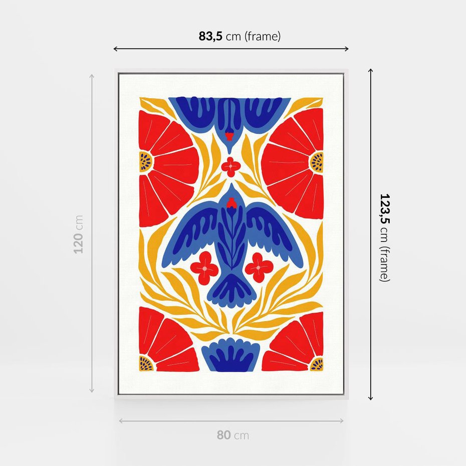 Obraz w ramie 80x120 - Eklektyczny Majestat - wyrazista grafika, mocne kolory czerwień niebieski żółty - rama biała